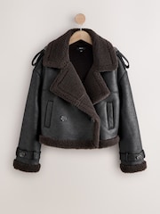 Black Faux Shearling Cropped Aviator Jacket - Image 7 of 9