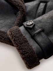 Black Faux Shearling Cropped Aviator Jacket - Image 8 of 9