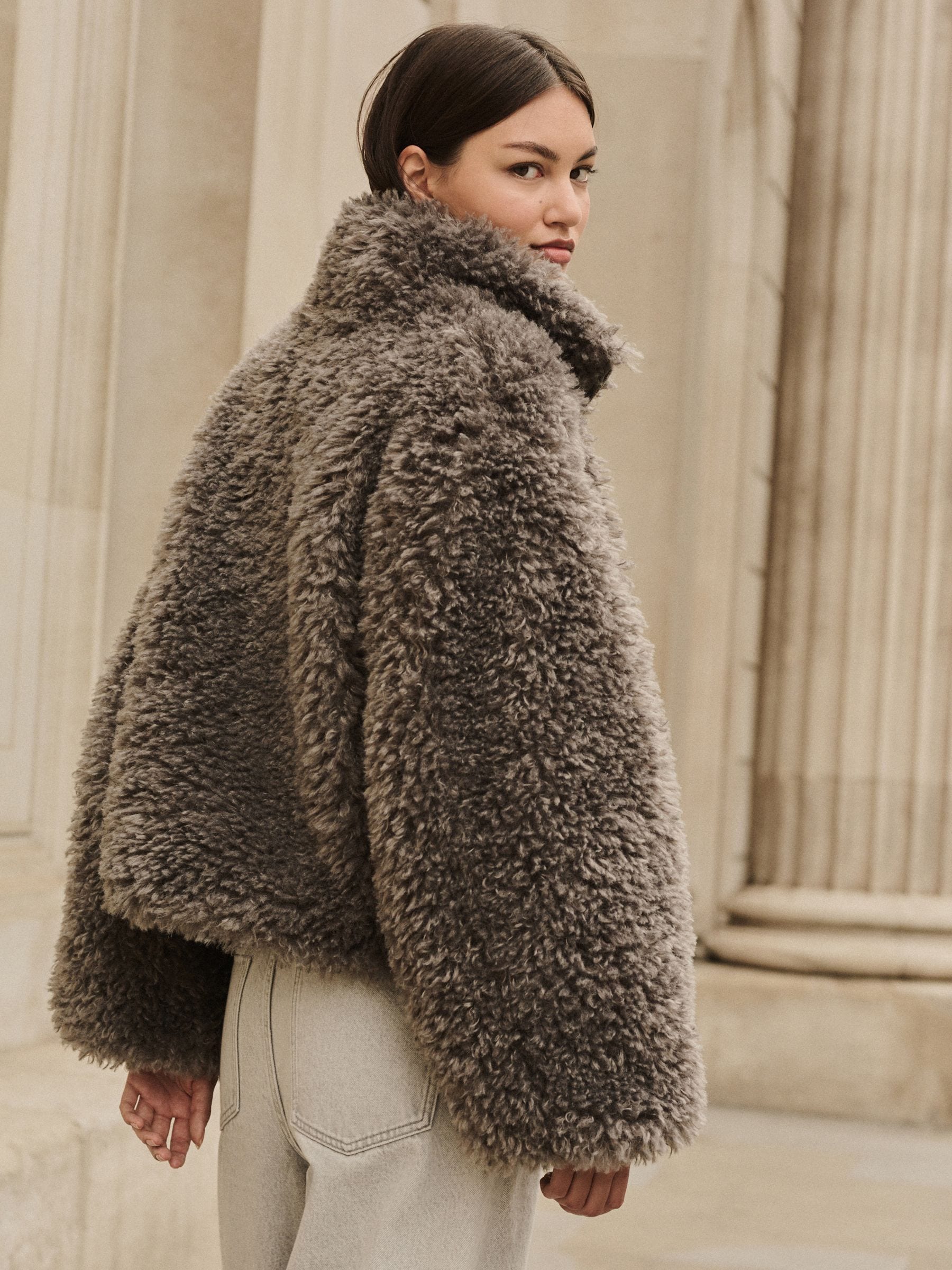 Buy Grey Funnel Neck Zip Through Faux Fur Jacket from Next Canada
