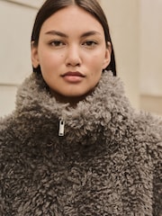 Grey Funnel Neck Zip Through Faux Fur Jacket - Image 4 of 7