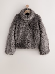 Grey Funnel Neck Zip Through Faux Fur Jacket - Image 5 of 7