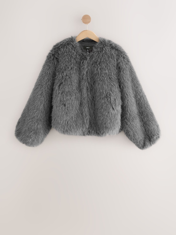 Grey Collarless Faux Fur Coat - Image 1 of 3 Grey Collarless Faux Fur Coat - Image 1 of 3