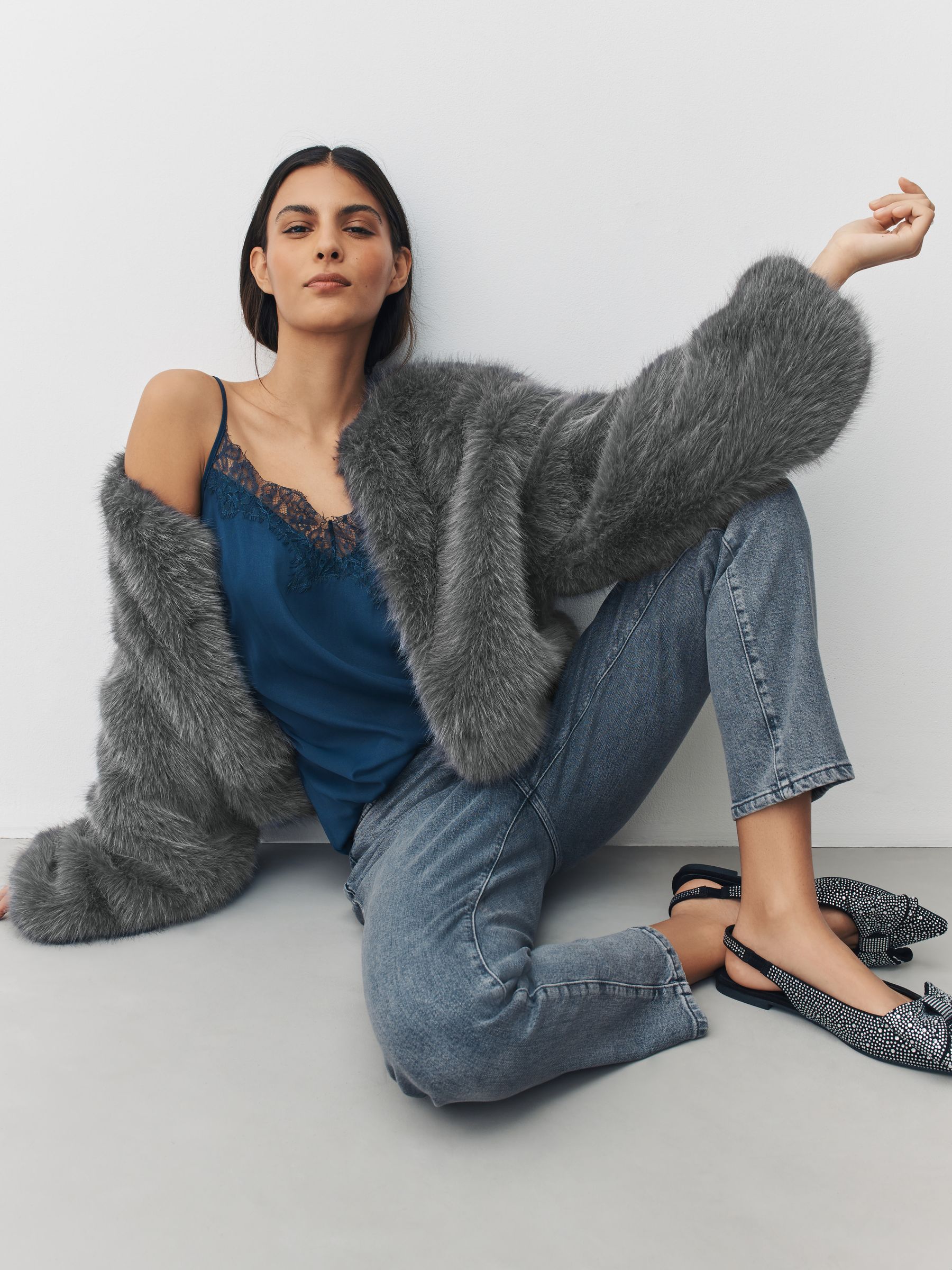 Buy Grey Collarless Faux Fur Coat from Next USA