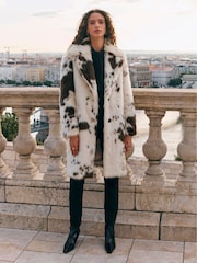 Cream Cow Print Faux Fur Coat - Image 2 of 7