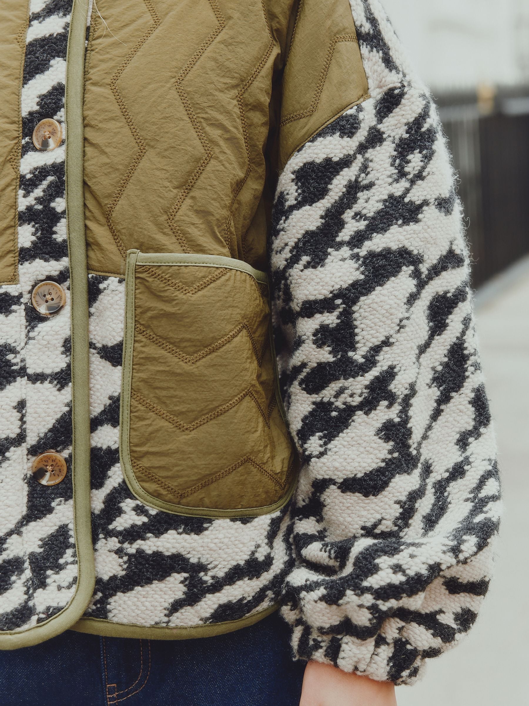 Buy Olive Green/Animal Print Woven Button Through Borg Jacket from