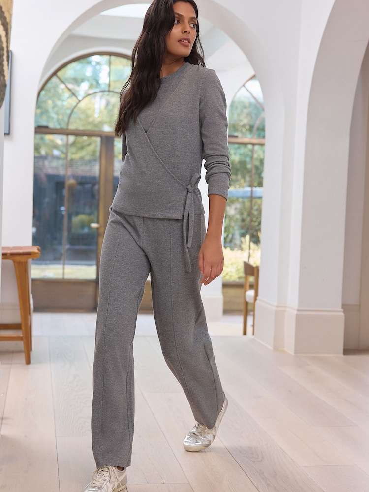 Charcoal Grey Supersoft Cosy Rib Wide Leg Knitted Trousers - Image 1 of 8 Charcoal Grey Supersoft Cosy Rib Wide Leg Knitted Trousers - Image 1 of 8