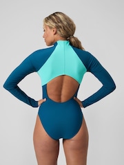 Speedo Green Womens Colourblock Long Sleeve Zip Swimsuit - Image 2 of 6