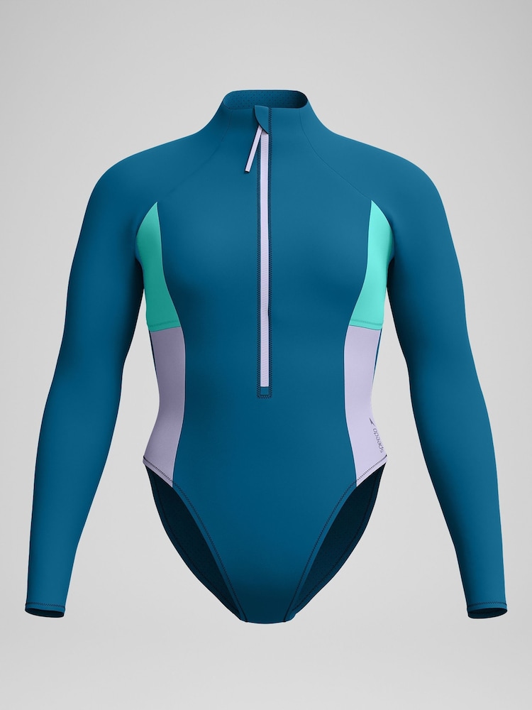 Speedo Green Womens Colourblock Long Sleeve Zip Swimsuit - Image 6 of 6