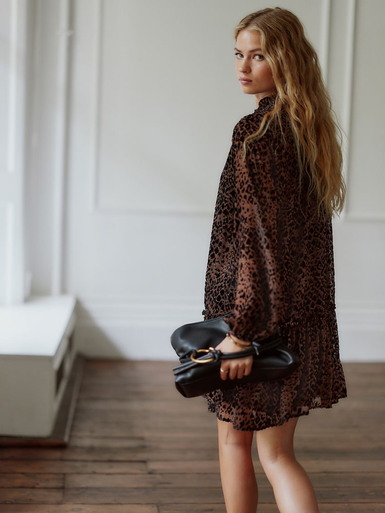 Animal Leopard Print Mini Tie Front Tiered Long Sleeve Dress - Image 2 of 7 Animal Leopard Print Mini Tie Front Tiered Long Sleeve Dress - Image 2 of 7