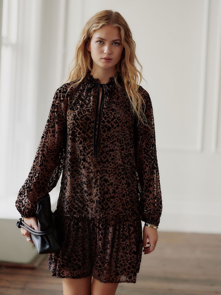 Buy Animal Leopard Print Mini Tie Front Tiered Long Sleeve Dress from Next USA