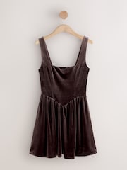 Chocolate Brown Velvet Square Neck Waisted Mini Dress - Image 1 of 3
