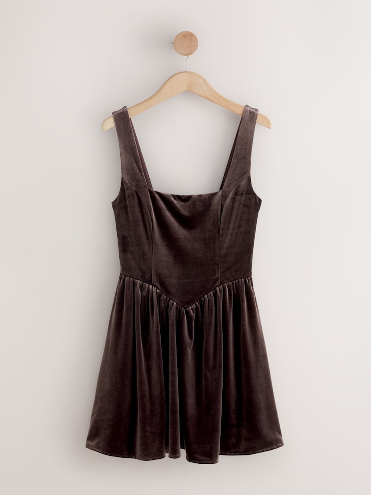 Chocolate Brown Velvet Square Neck Waisted Mini Dress - Image 1 of 3