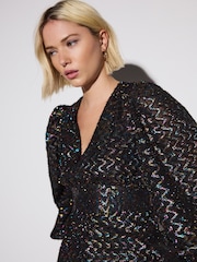 Black Tinsel Fabric Waisted Mini Dress - Image 4 of 8