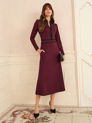 Love & Roses Burgundy Red Ponte Contrast Trim Zip Front Long Sleeve Midi Dress - Image 1 of 4