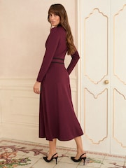Love & Roses Burgundy Red Ponte Contrast Trim Zip Front Long Sleeve Midi Dress - Image 2 of 4