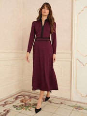 Love & Roses Burgundy Red Ponte Contrast Trim Zip Front Long Sleeve Midi Dress - Image 3 of 4