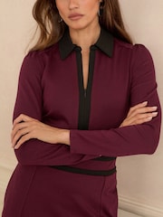 Love & Roses Burgundy Red Ponte Contrast Trim Zip Front Long Sleeve Midi Dress - Image 4 of 4