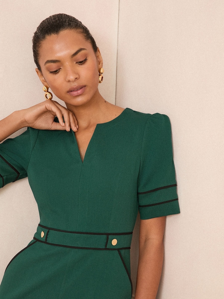 Love & Roses Green Crepe Contrast Trim V-Neck Column Midi Dress - Image 2 of 4