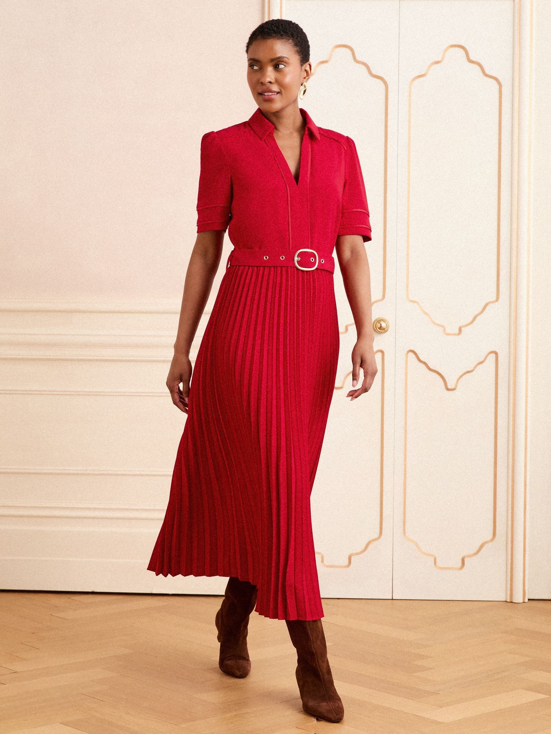 Love & Roses Scarlet Red Crepe Belted Trim Collared Midi Dress