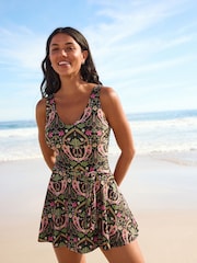 Black/Pink Paisley Shaping Tummy Control Skirted Swim Dress - Image 2 of 9