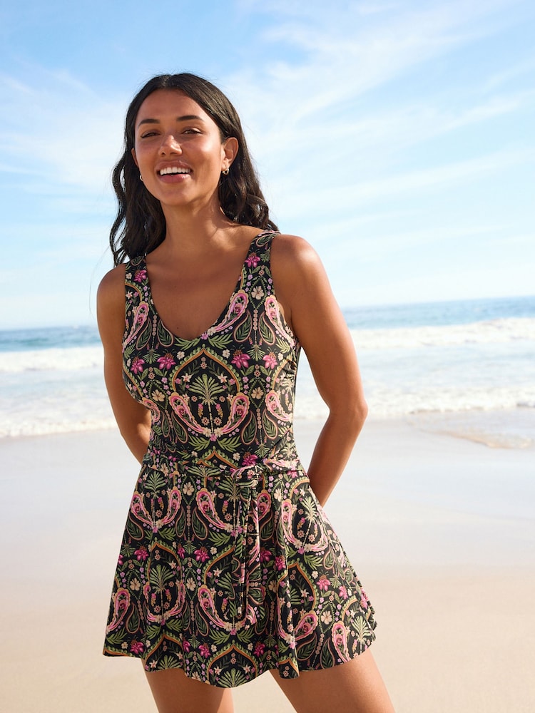 Black/Pink Paisley Shaping Tummy Control Skirted Swim Dress - Image 2 of 9