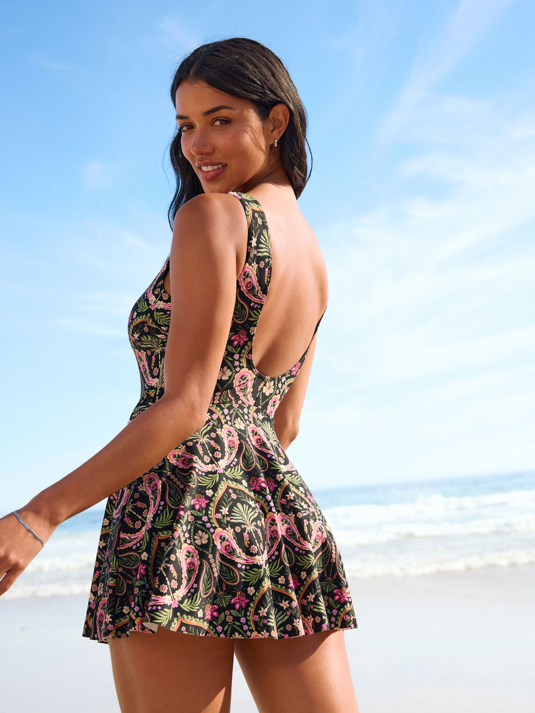 Buy Black/Pink Paisley Shaping Tummy Control Skirted Swim Dress