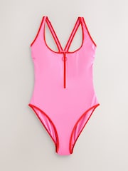 Pink/Red Zipped Shaping Tummy Control Swimsuit - Image 7 of 9