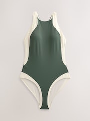 Khaki/Cream High Neck Halterneck Tummy Control Swimsuit - Image 1 of 4