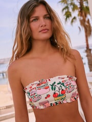 Cream/Red Pomodoro Tomato Print Frill Bandeau Bikini Top - Image 1 of 5