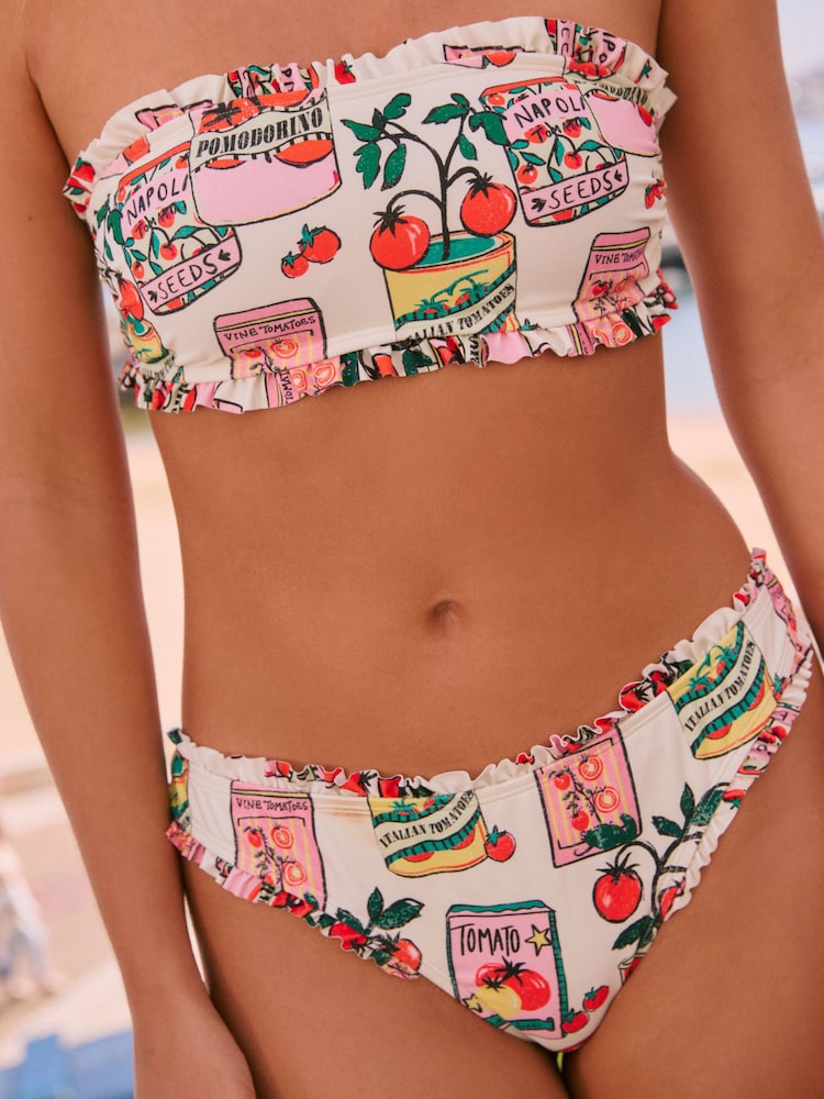 Cream/Red Pomodoro Tomato Print Frill Bandeau Bikini Top - Image 5 of 5