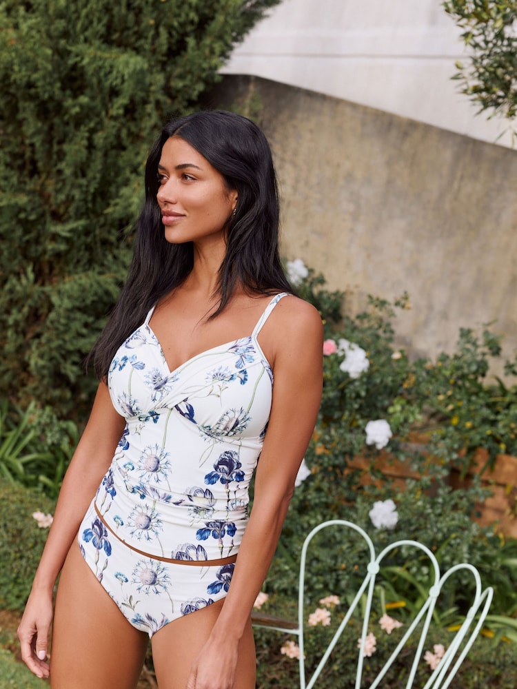 Kew Collection White/Blue Floral Print Padded Wired Tummy Control Tankini Top - Image 2 of 5