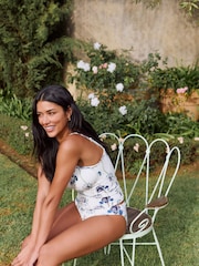 Kew Collection White/Blue Floral Print Padded Wired Tummy Control Tankini Top - Image 3 of 5