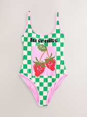 Green/White Strawberry Checkerboard Tummy Control Scoop Neck Swimsuit - Image 1 of 3