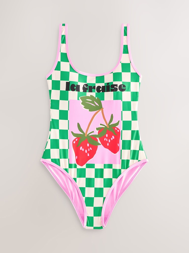Green/White Strawberry Checkerboard Tummy Control Scoop Neck Swimsuit - Image 1 of 3