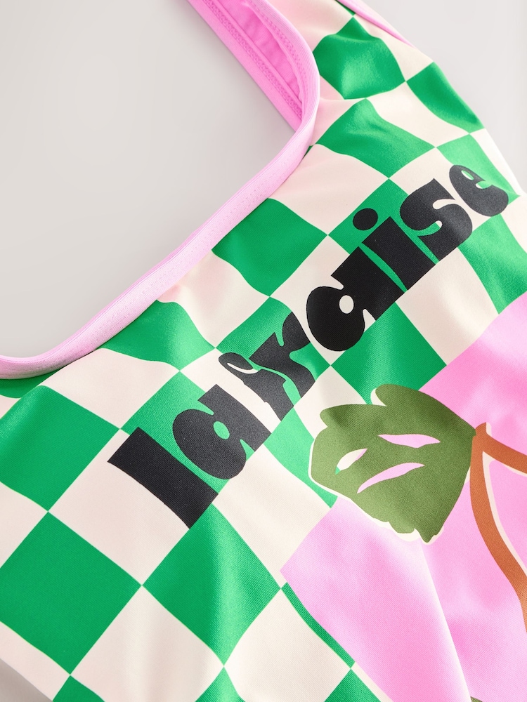 Green/White Strawberry Checkerboard Tummy Control Scoop Neck Swimsuit - Image 2 of 3
