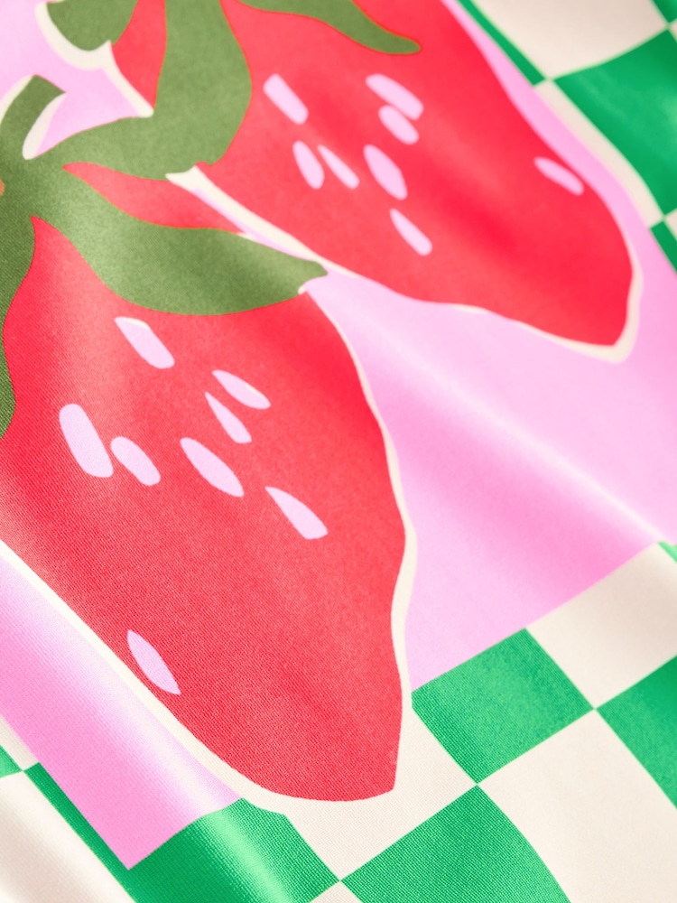 Green/White Strawberry Checkerboard Tummy Control Scoop Neck Swimsuit - Image 3 of 3