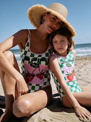 Green/White Strawberry Checkerboard Tummy Control Scoop Neck Swimsuit - Image 5 of 11