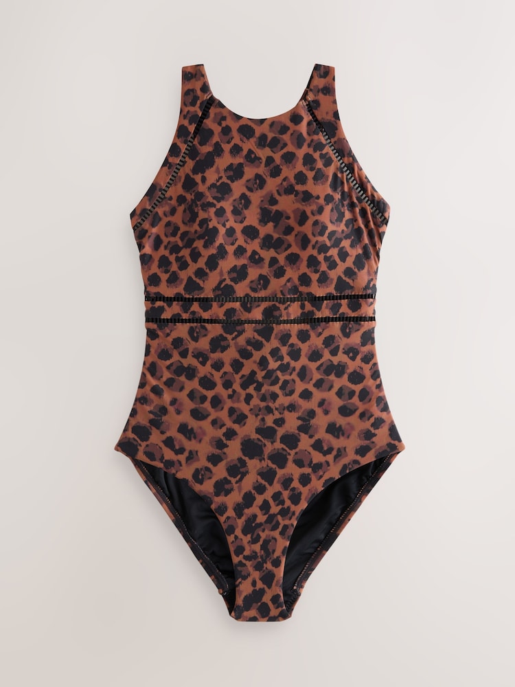 Brown Animal High Neck Tummy Control Shaping Swimsuit - Image 1 of 4