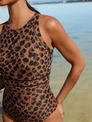 Brown Animal High Neck Tummy Control Shaping Swimsuit - Image 5 of 9