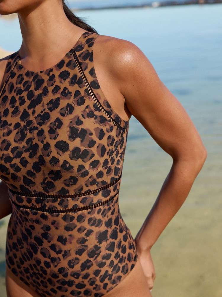 Brown Animal High Neck Tummy Control Shaping Swimsuit - Image 5 of 9