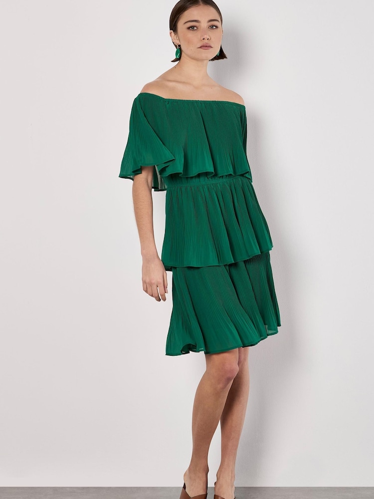 Apricot Green Plisse Layered Bardot Dress - Image 1 of 5