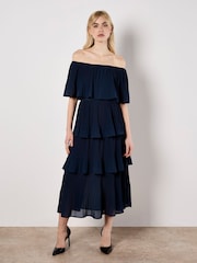 Apricot Blue Summer Plisse Bardot Midi Dress - Image 2 of 5
