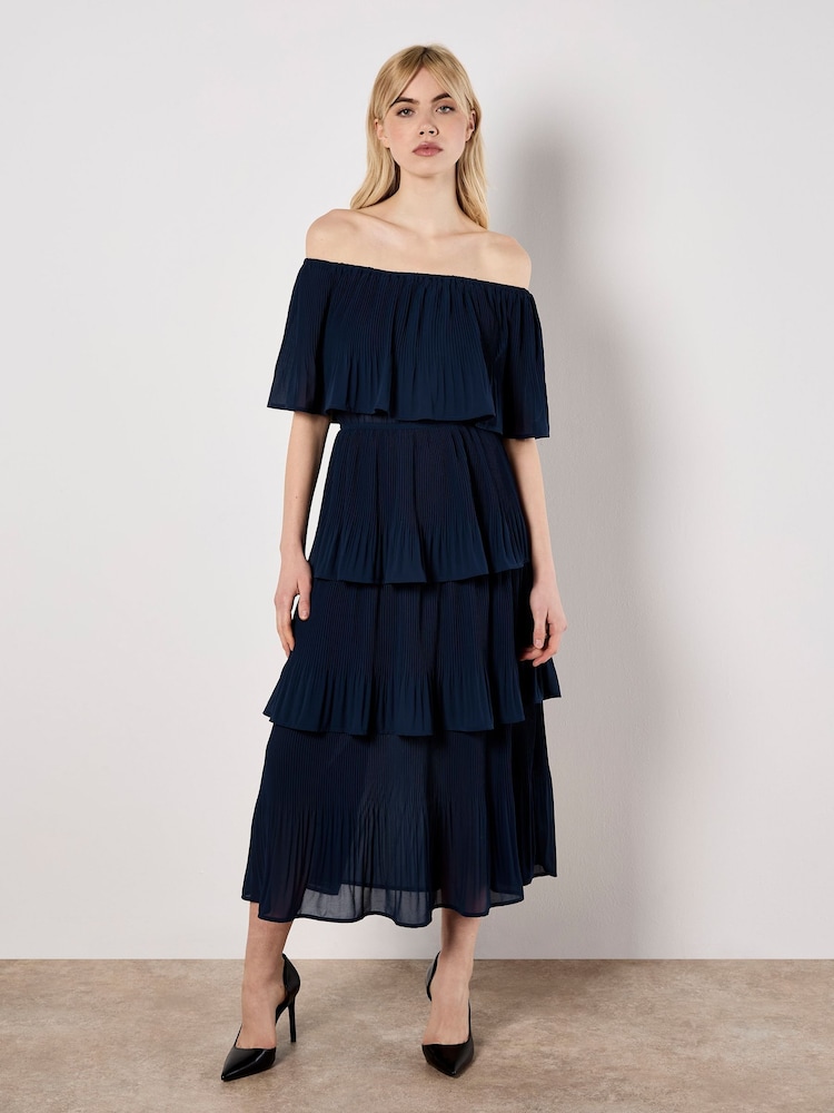 Apricot Blue Summer Plisse Bardot Midi Dress - Image 2 of 5