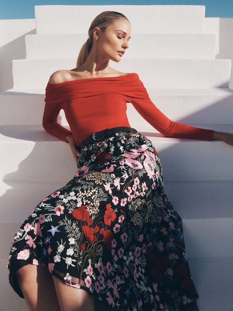 Apricot Black Floral Print Embroidered Midaxi Skirt - Image 1 of 5