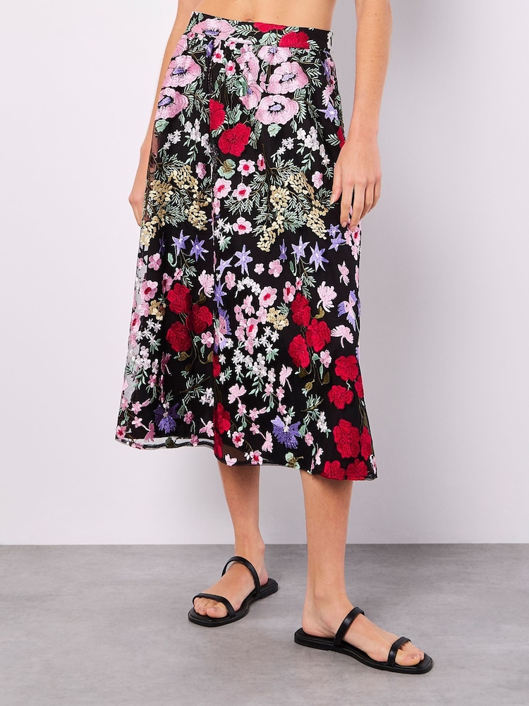 Apricot Black Floral Print Embroidered Midaxi Skirt - Image 2 of 5