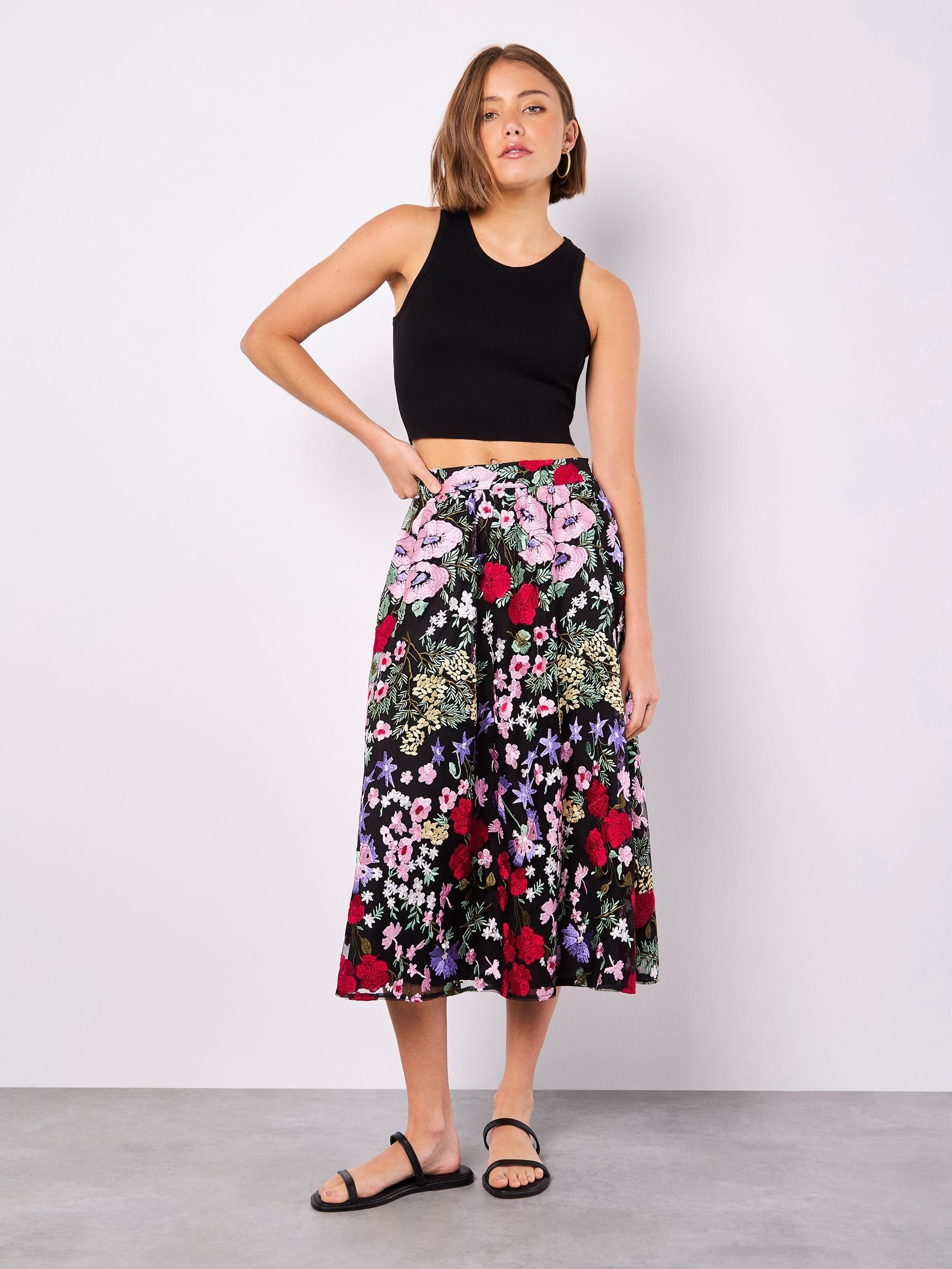 Buy Apricot Black Floral Print Embroidered Midaxi Skirt from the