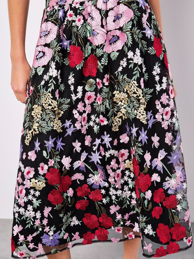 Apricot Black Floral Print Embroidered Midaxi Skirt - Image 5 of 5