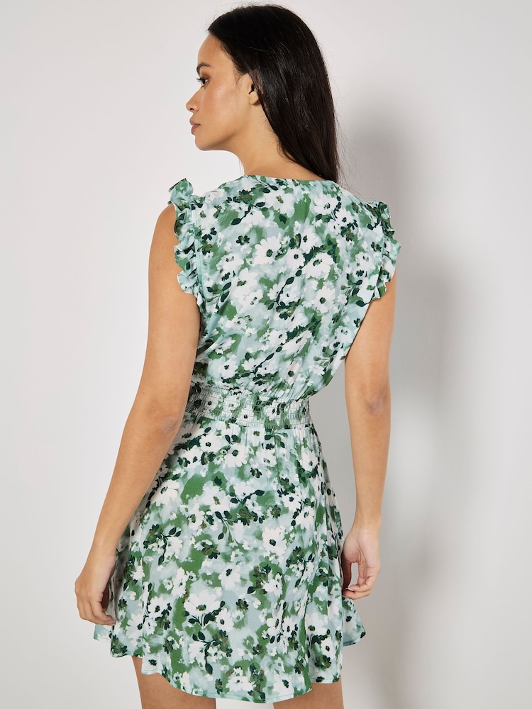 Apricot Green Floral Print Smock Waist Mini Dress - Image 2 of 5 Apricot Green Floral Print Smock Waist Mini Dress - Image 2 of 5