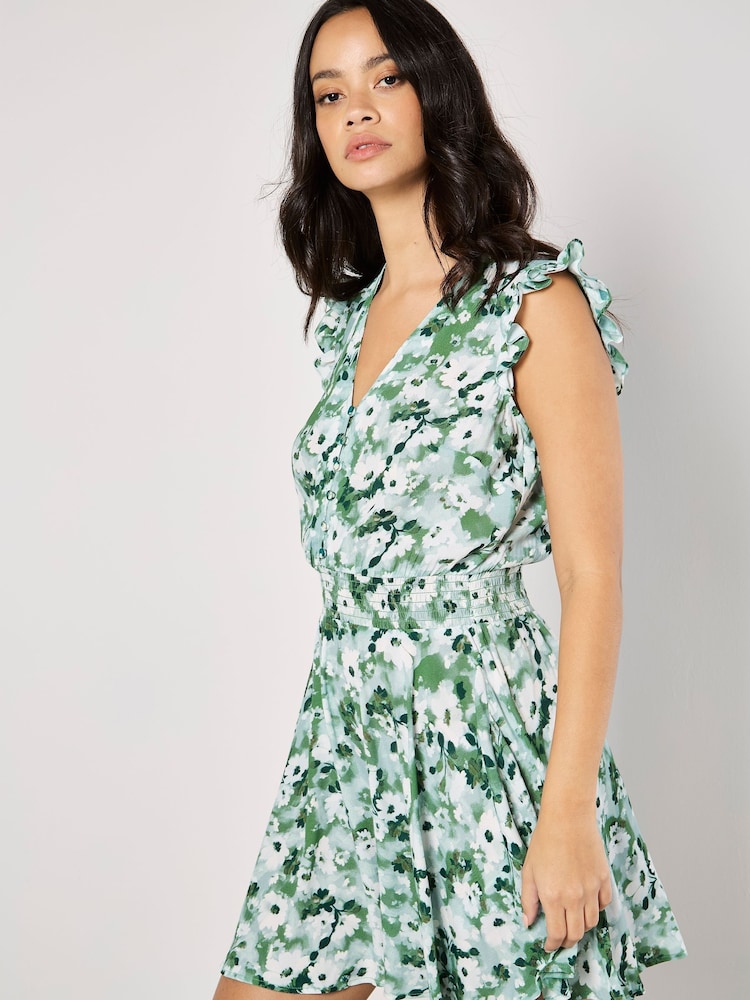 Apricot Green Floral Print Smock Waist Mini Dress - Image 5 of 5