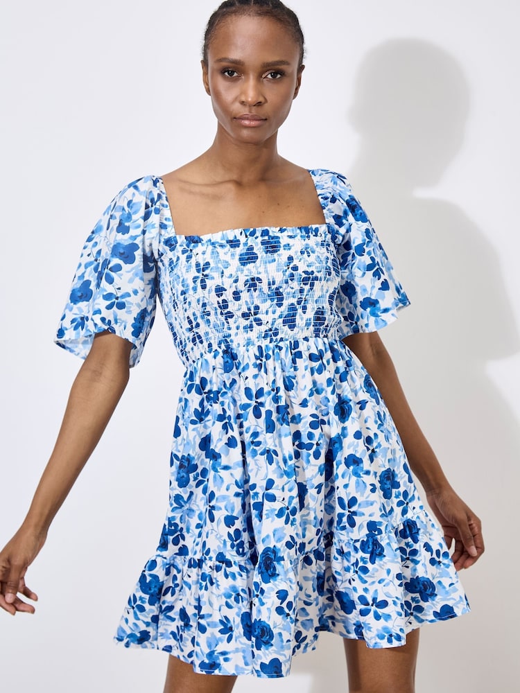 Apricot White Smocked Floral Print Cotton Poplin Dress - Image 1 of 4